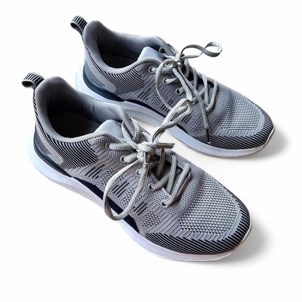 Grey and blue casual gym shoe sneakers. Good walking shoe.